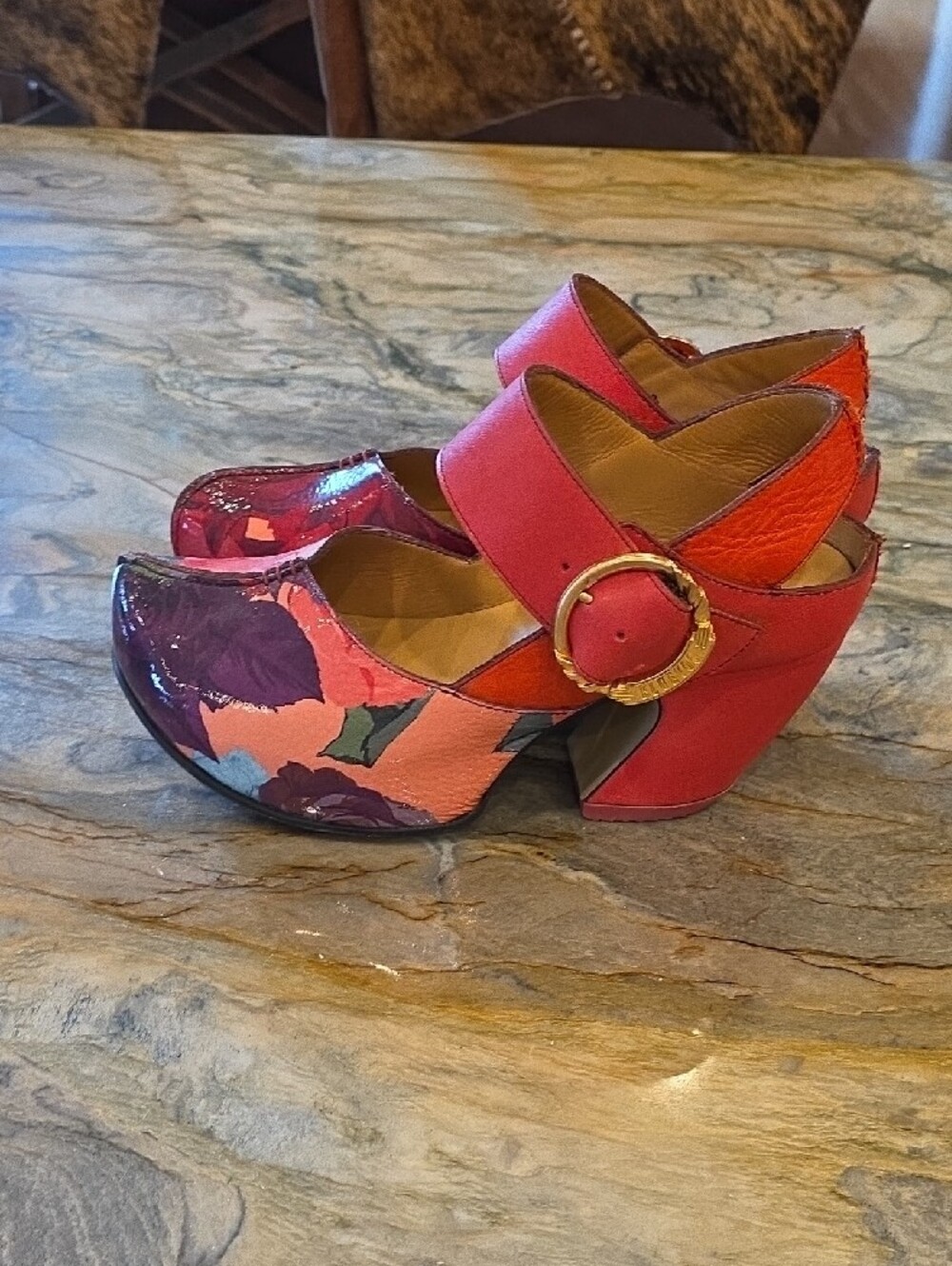 John Fluevog Red Floral Mary Jane Heels - Picture 3 of 7